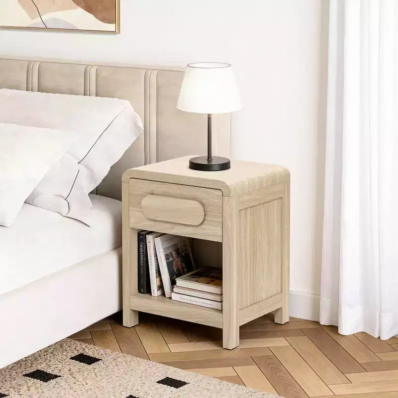 Table de chevet 55 cm avec tiroir et étagère ouverte – Finition bois clair, marron