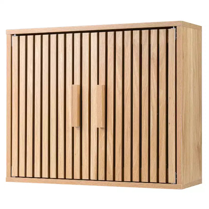 Meuble Haut de Salle de Bain – Mural, 2 Niveaux, Étagère Réglable, Portes à Lattes, Naturel