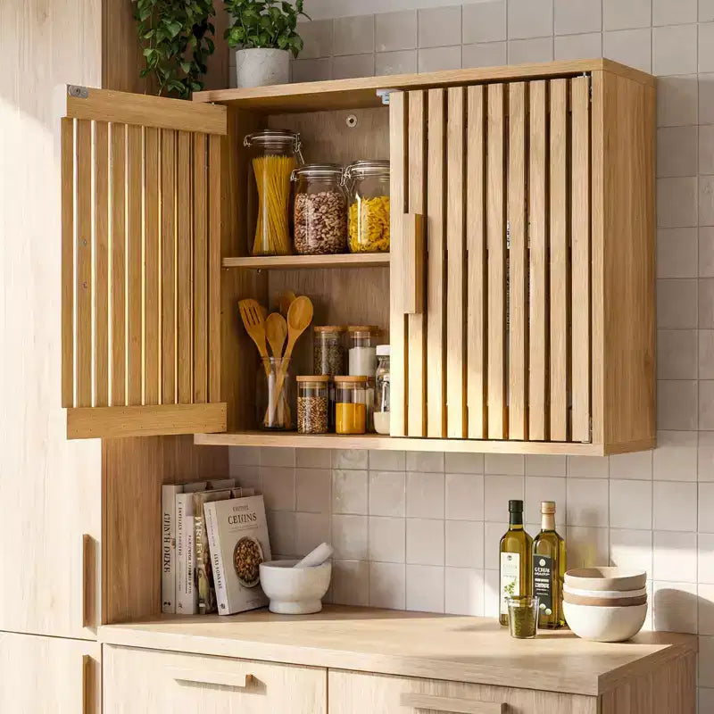 Meuble Haut de Salle de Bain – Mural, 2 Niveaux, Étagère Réglable, Portes à Lattes, Naturel