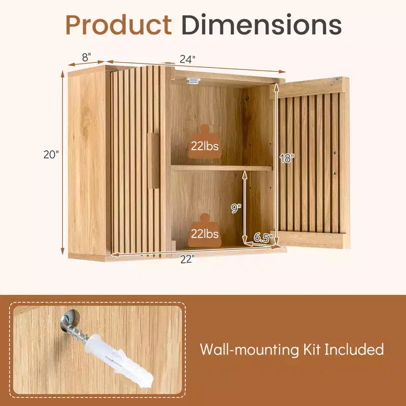 Meuble Haut de Salle de Bain – Mural, 2 Niveaux, Étagère Réglable, Portes à Lattes, Naturel