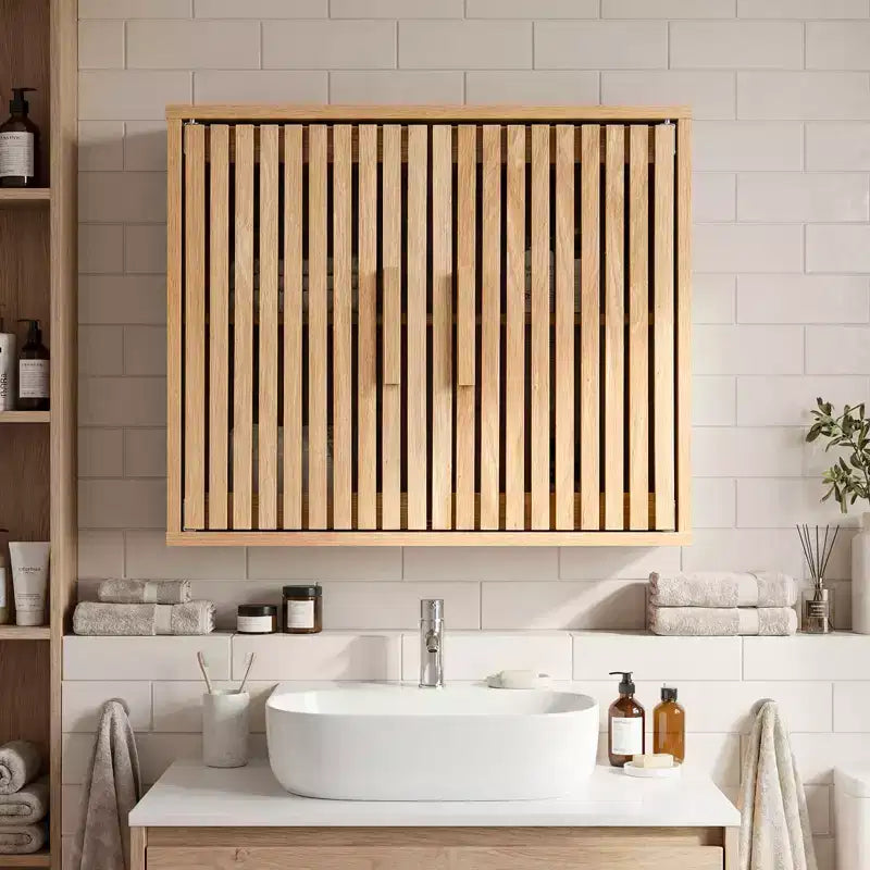 Meuble Haut de Salle de Bain – Mural, 2 Niveaux, Étagère Réglable, Portes à Lattes, Naturel