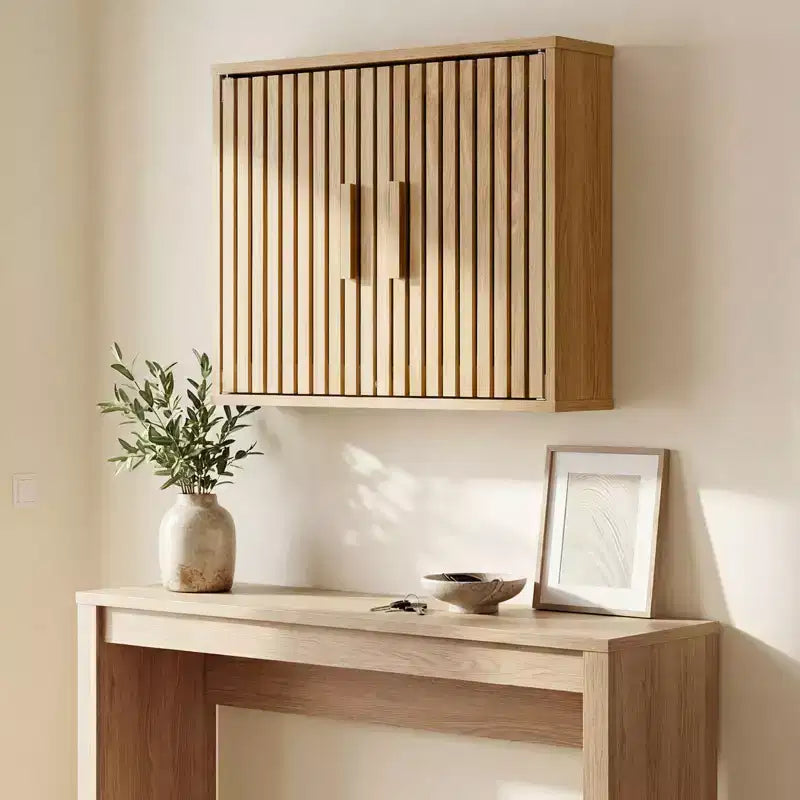 Meuble Haut de Salle de Bain – Mural, 2 Niveaux, Étagère Réglable, Portes à Lattes, Naturel