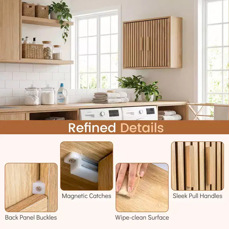 Meuble Haut de Salle de Bain – Mural, 2 Niveaux, Étagère Réglable, Portes à Lattes, Naturel