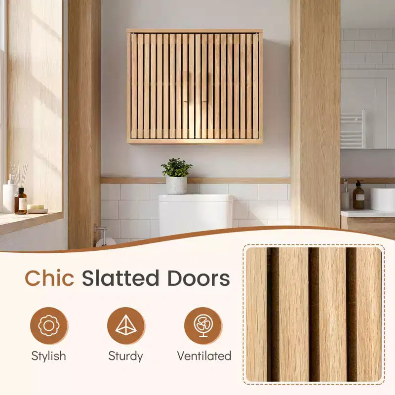 Meuble Haut de Salle de Bain – Mural, 2 Niveaux, Étagère Réglable, Portes à Lattes, Naturel
