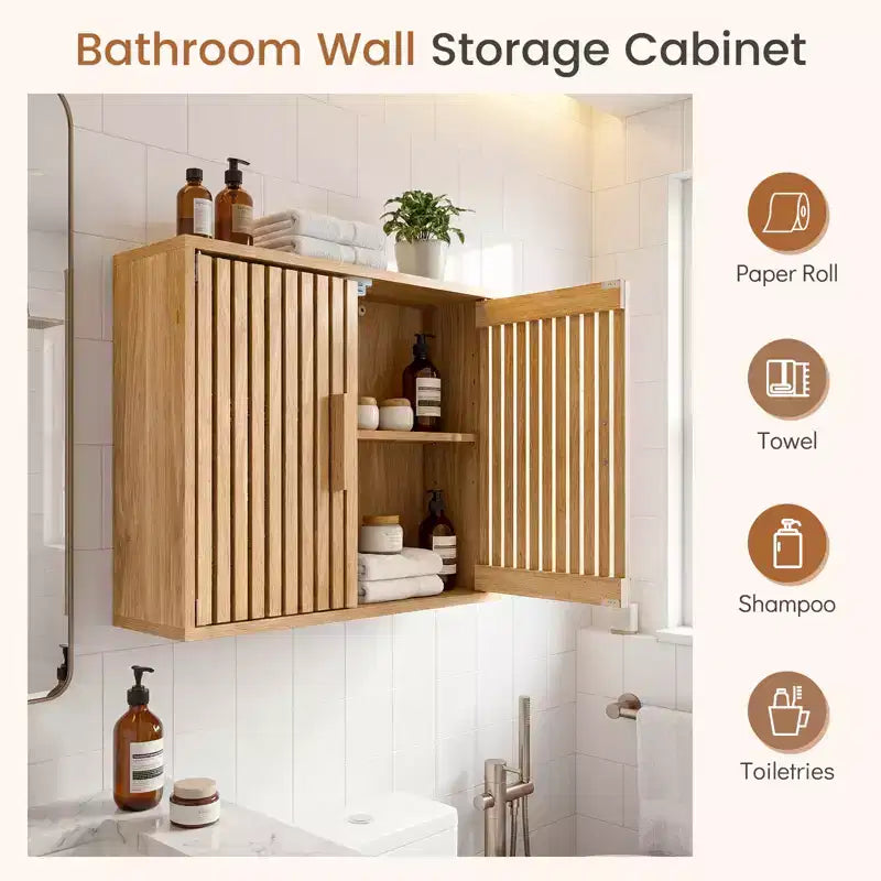 Meuble Haut de Salle de Bain – Mural, 2 Niveaux, Étagère Réglable, Portes à Lattes, Naturel
