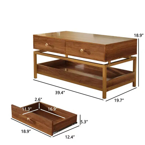 Table basse moderne 100 cm – 2 tiroirs et étagère ouverte, bois et métal, marron