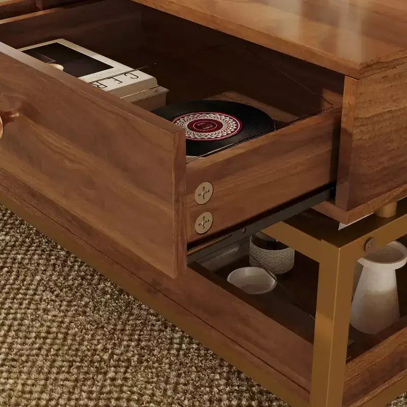 Table basse moderne 100 cm – 2 tiroirs et étagère ouverte, bois et métal, marron