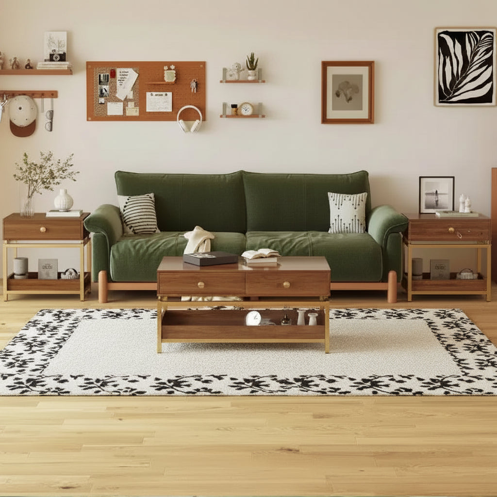 Table basse moderne 100 cm – 2 tiroirs et étagère ouverte, bois et métal, marron