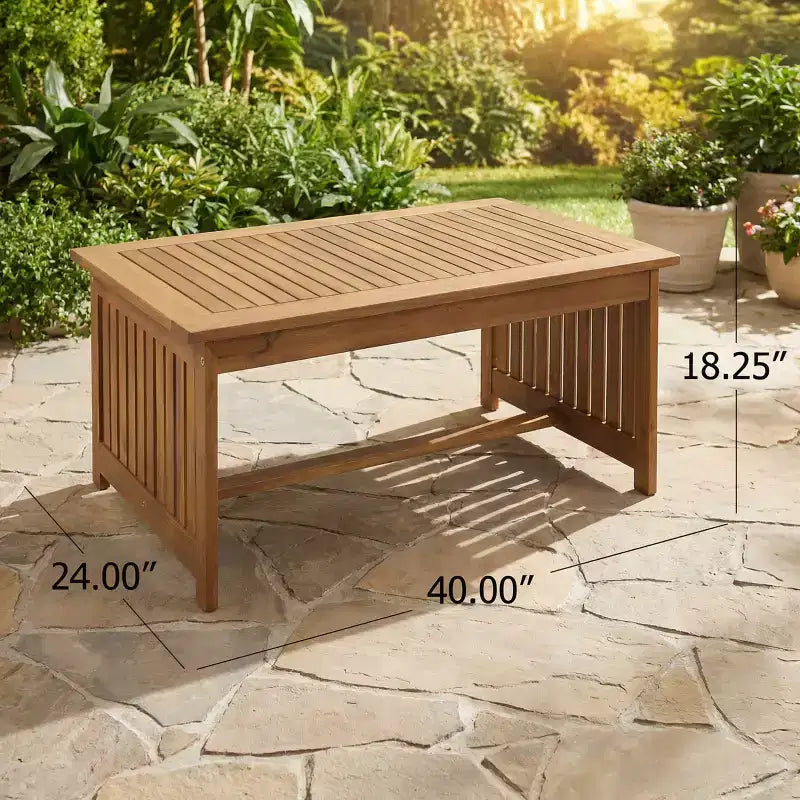 Table basse d'extérieur en bois d'acacia 100 cm – Finition patine brune, fabriquée à la main