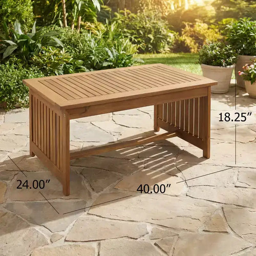 Table basse d'extérieur en bois d'acacia 100 cm – Finition patine brune, fabriquée à la main
