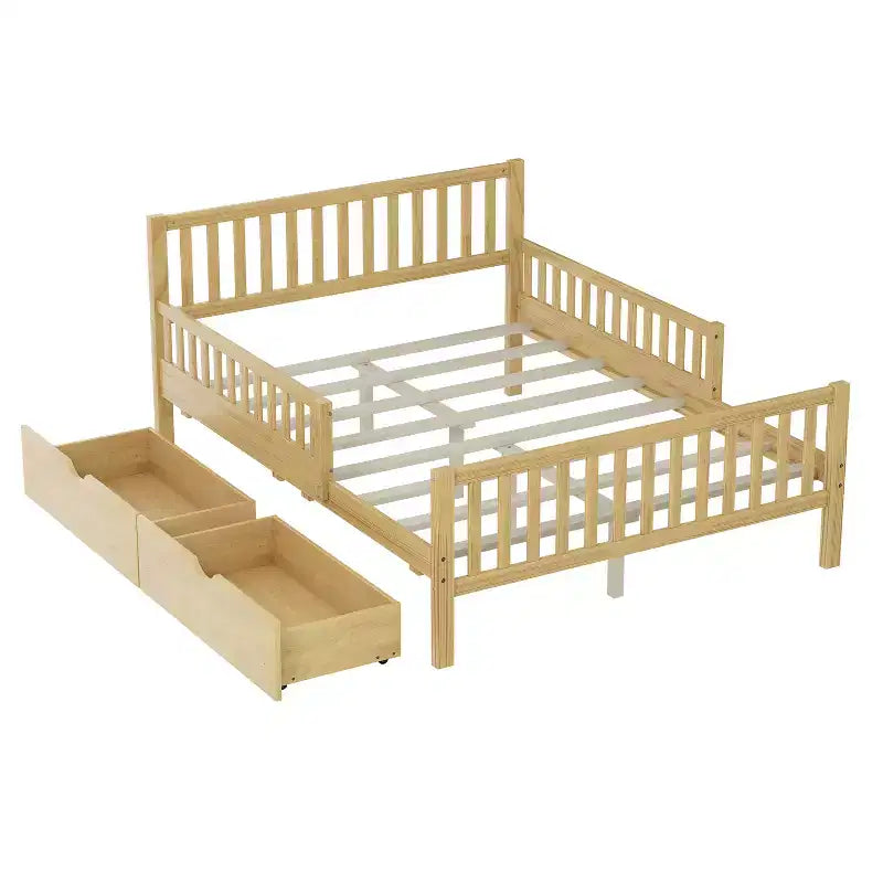 Lit plateforme entièrement en bois avec barrières de sécurité et 2 tiroirs de rangement – Naturel