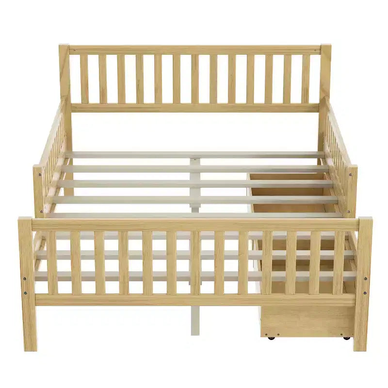 Lit plateforme entièrement en bois avec barrières de sécurité et 2 tiroirs de rangement – Naturel