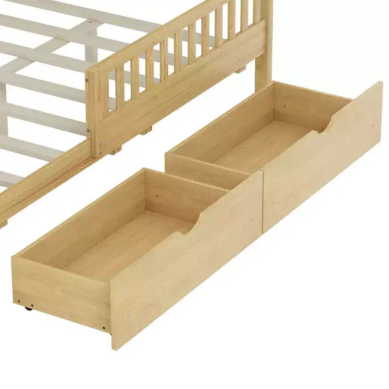 Lit plateforme entièrement en bois avec barrières de sécurité et 2 tiroirs de rangement – Naturel
