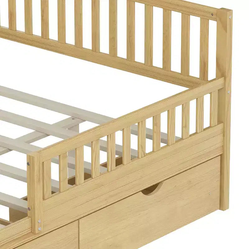 Lit plateforme entièrement en bois avec barrières de sécurité et 2 tiroirs de rangement – Naturel