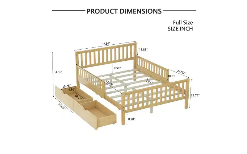 Lit plateforme entièrement en bois avec barrières de sécurité et 2 tiroirs de rangement – Naturel