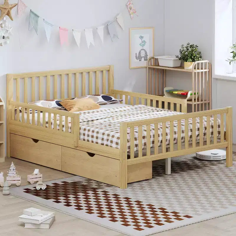 Lit plateforme entièrement en bois avec barrières de sécurité et 2 tiroirs de rangement – Naturel