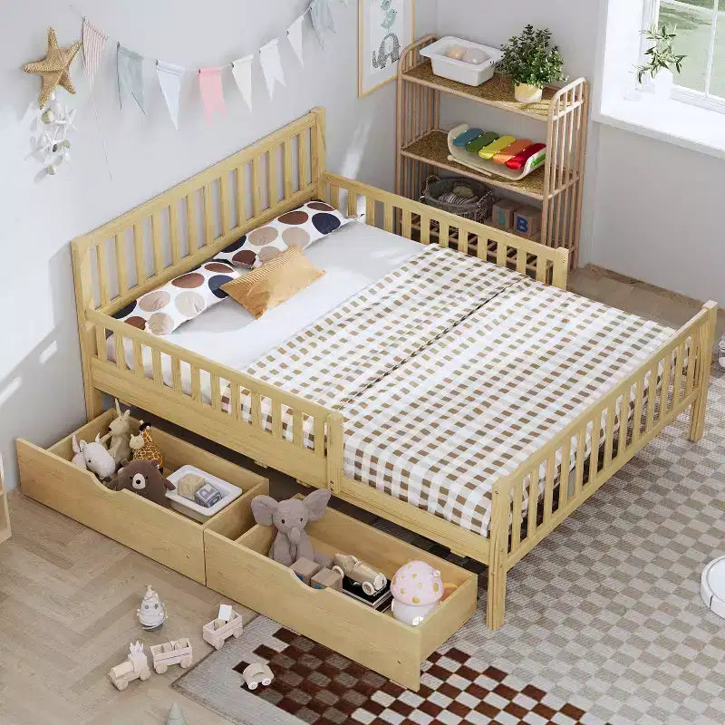 Lit plateforme entièrement en bois avec barrières de sécurité et 2 tiroirs de rangement – Naturel