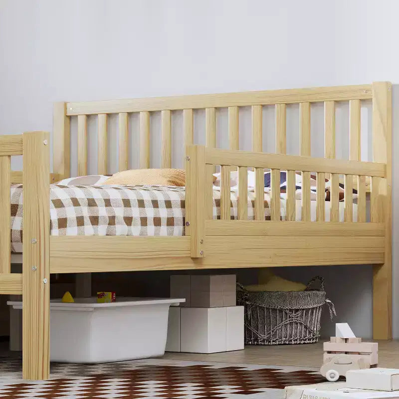 Lit plateforme entièrement en bois avec barrières de sécurité et 2 tiroirs de rangement – Naturel