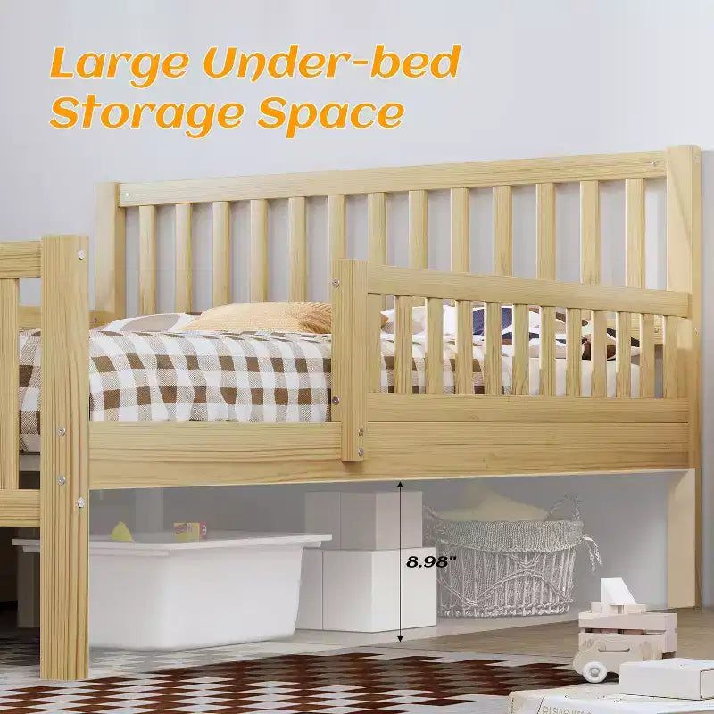 Lit plateforme entièrement en bois avec barrières de sécurité et 2 tiroirs de rangement – Naturel