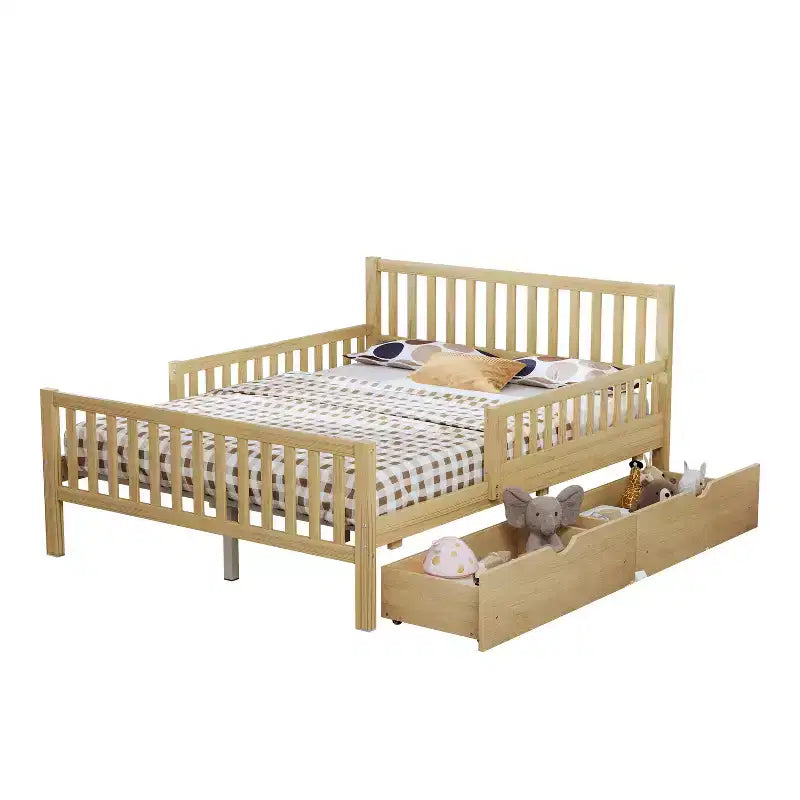 Lit plateforme entièrement en bois avec barrières de sécurité et 2 tiroirs de rangement – Naturel