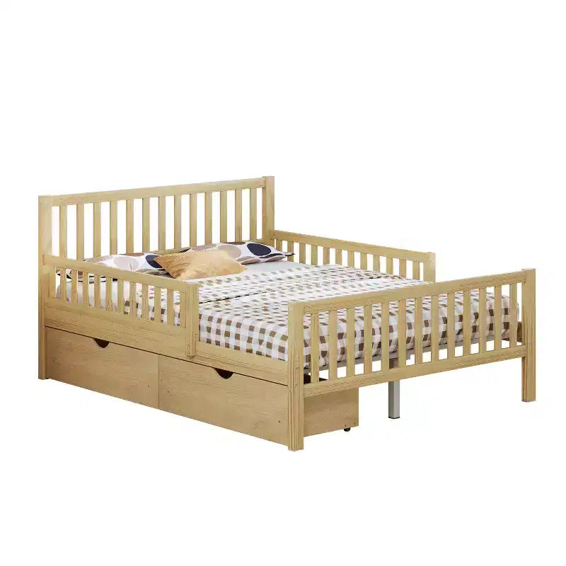 Lit plateforme entièrement en bois avec barrières de sécurité et 2 tiroirs de rangement – Naturel