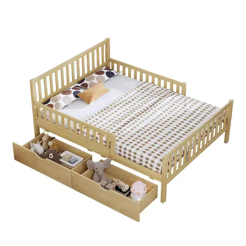 Lit plateforme entièrement en bois avec barrières de sécurité et 2 tiroirs de rangement – Naturel