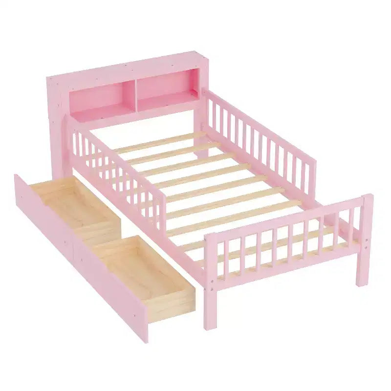 Lit jumeau avec tête de lit de rangement, 2 tiroirs de rangement et barrières de sécurité – Rose