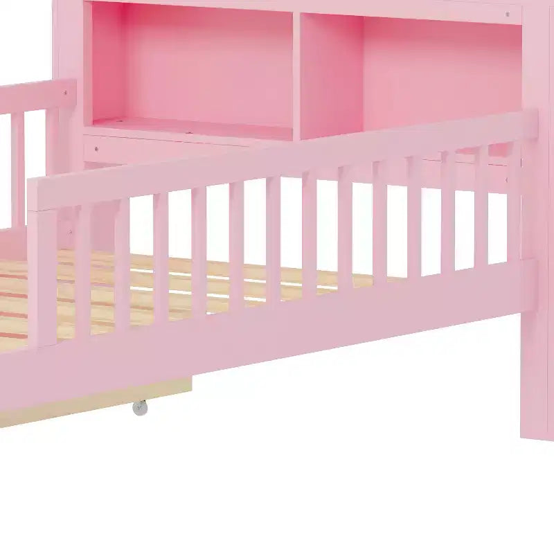 Lit jumeau avec tête de lit de rangement, 2 tiroirs de rangement et barrières de sécurité – Rose