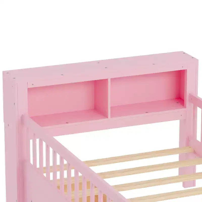 Lit jumeau avec tête de lit de rangement, 2 tiroirs de rangement et barrières de sécurité – Rose