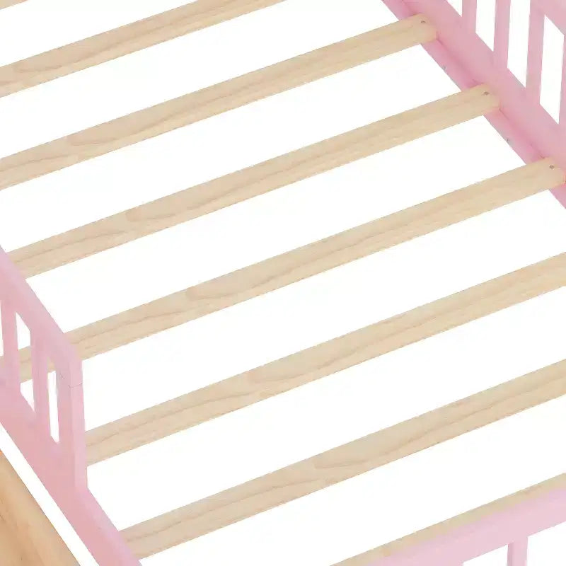 Lit jumeau avec tête de lit de rangement, 2 tiroirs de rangement et barrières de sécurité – Rose