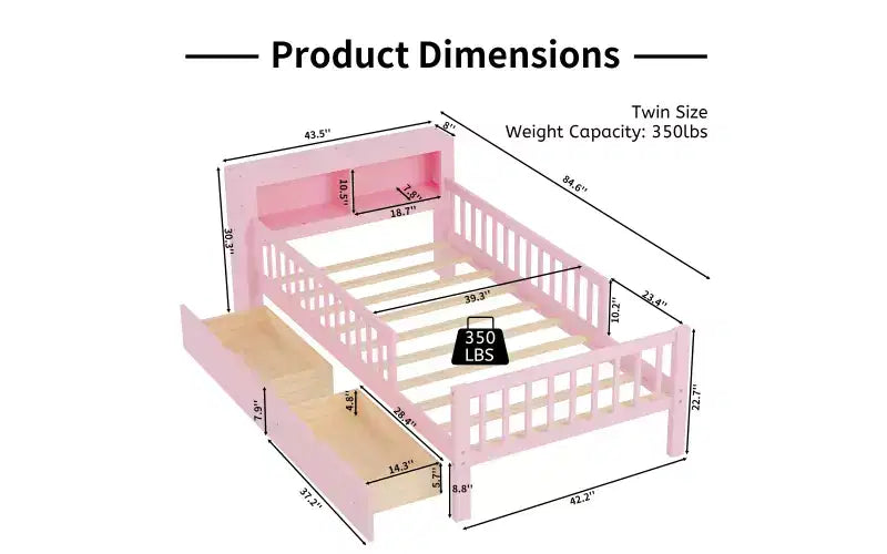 Lit jumeau avec tête de lit de rangement, 2 tiroirs de rangement et barrières de sécurité – Rose