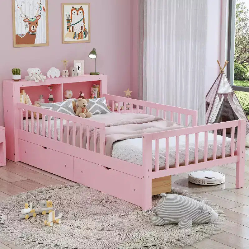 Lit jumeau avec tête de lit de rangement, 2 tiroirs de rangement et barrières de sécurité – Rose