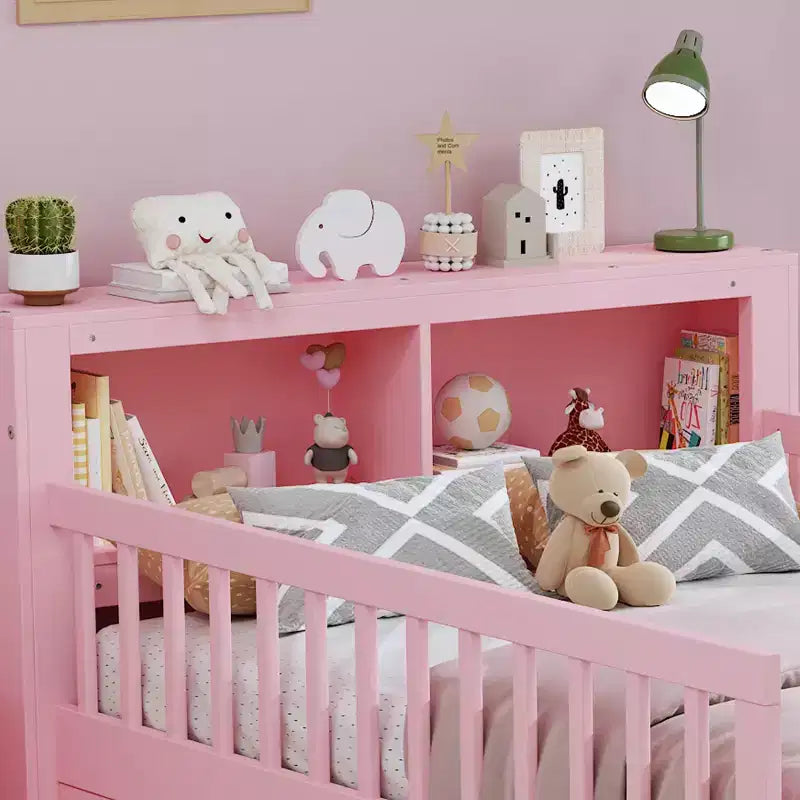 Lit jumeau avec tête de lit de rangement, 2 tiroirs de rangement et barrières de sécurité – Rose