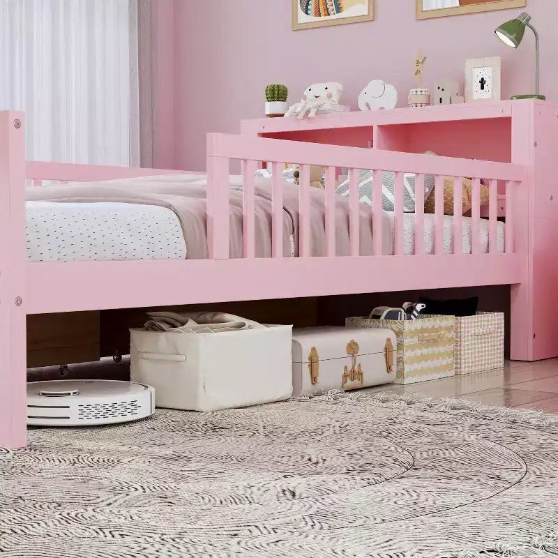 Lit jumeau avec tête de lit de rangement, 2 tiroirs de rangement et barrières de sécurité – Rose