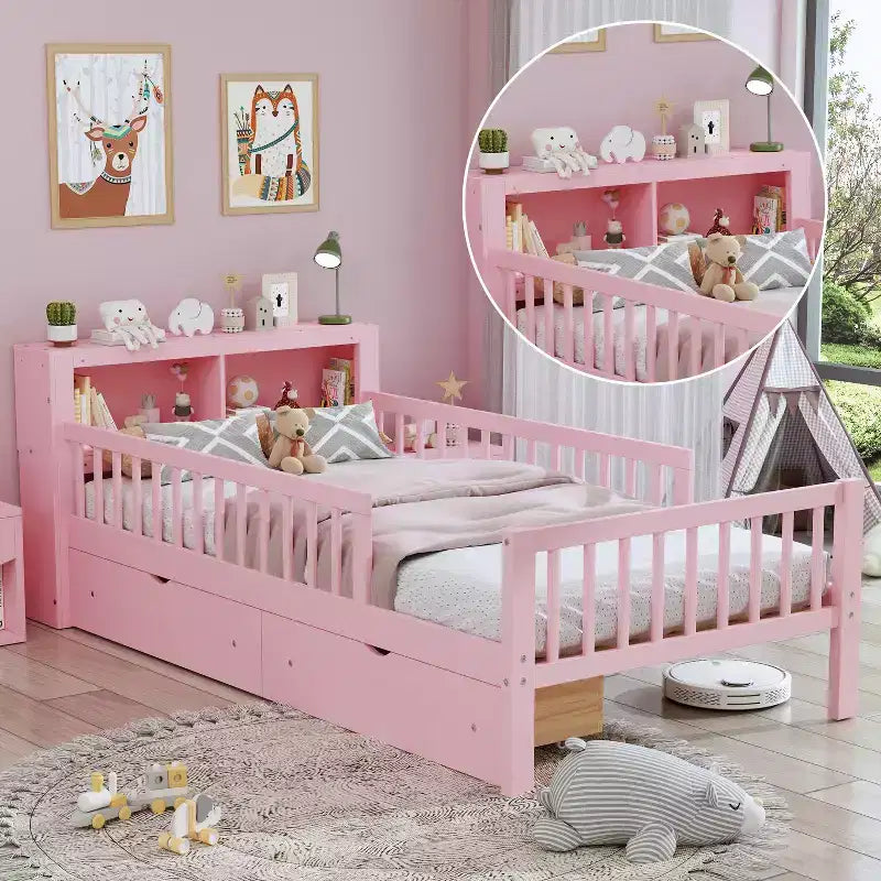 Lit jumeau avec tête de lit de rangement, 2 tiroirs de rangement et barrières de sécurité – Rose