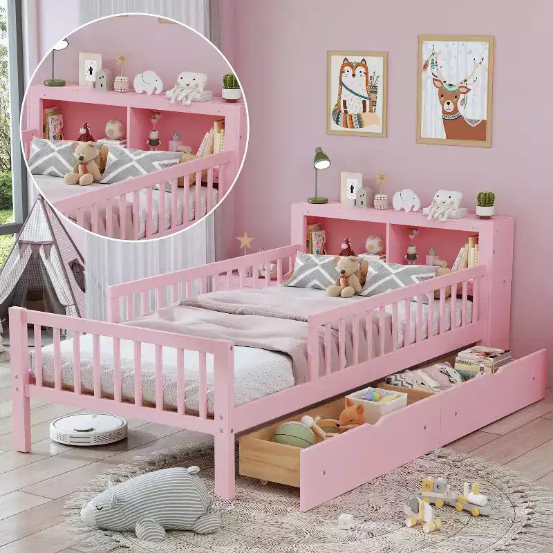 Lit jumeau avec tête de lit de rangement, 2 tiroirs de rangement et barrières de sécurité – Rose