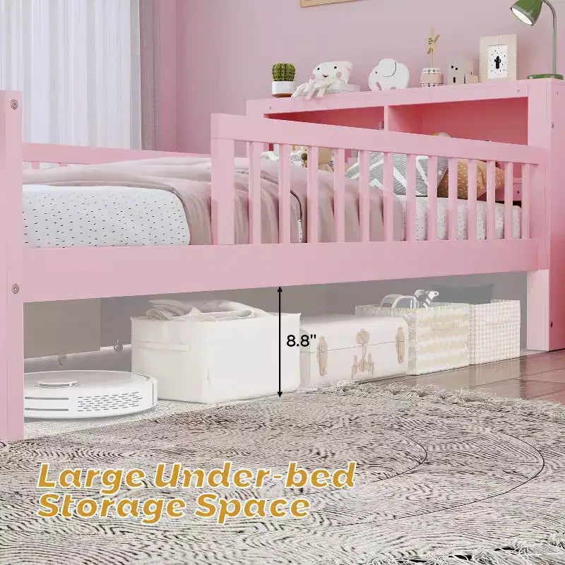 Lit jumeau avec tête de lit de rangement, 2 tiroirs de rangement et barrières de sécurité – Rose