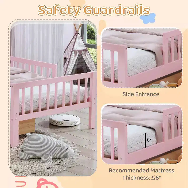 Lit jumeau avec tête de lit de rangement, 2 tiroirs de rangement et barrières de sécurité – Rose