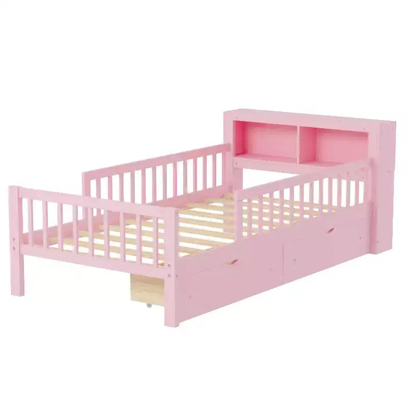 Lit jumeau avec tête de lit de rangement, 2 tiroirs de rangement et barrières de sécurité – Rose