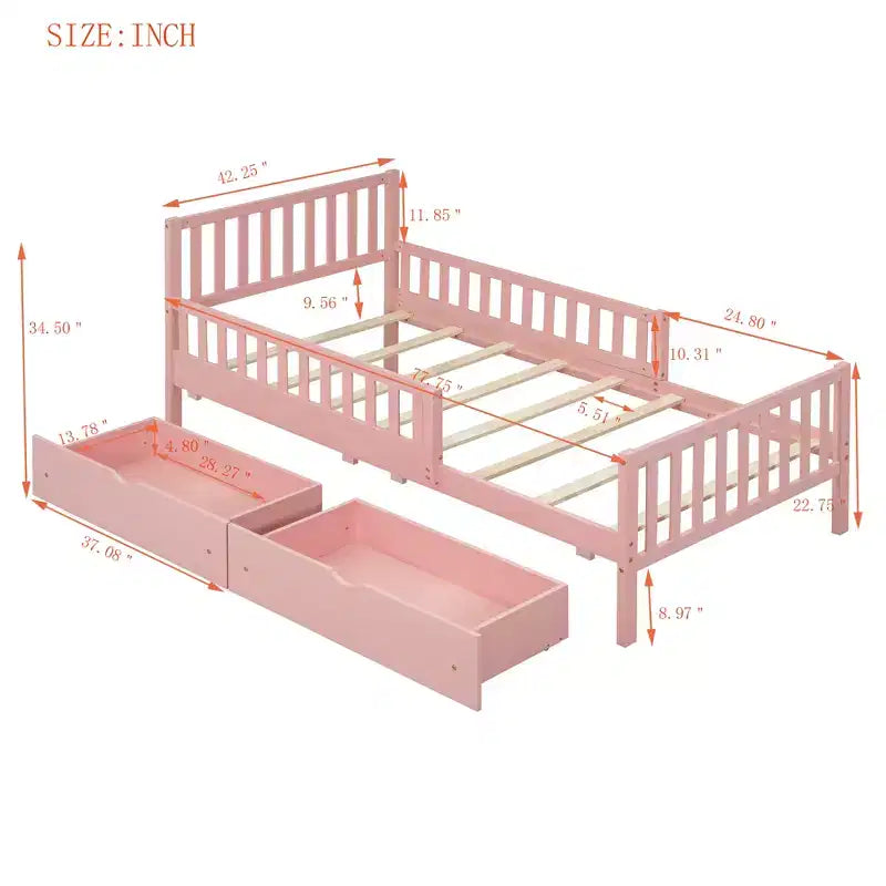 Lit jumeau en bois avec barrières de sécurité et 2 tiroirs de rangement – Rose