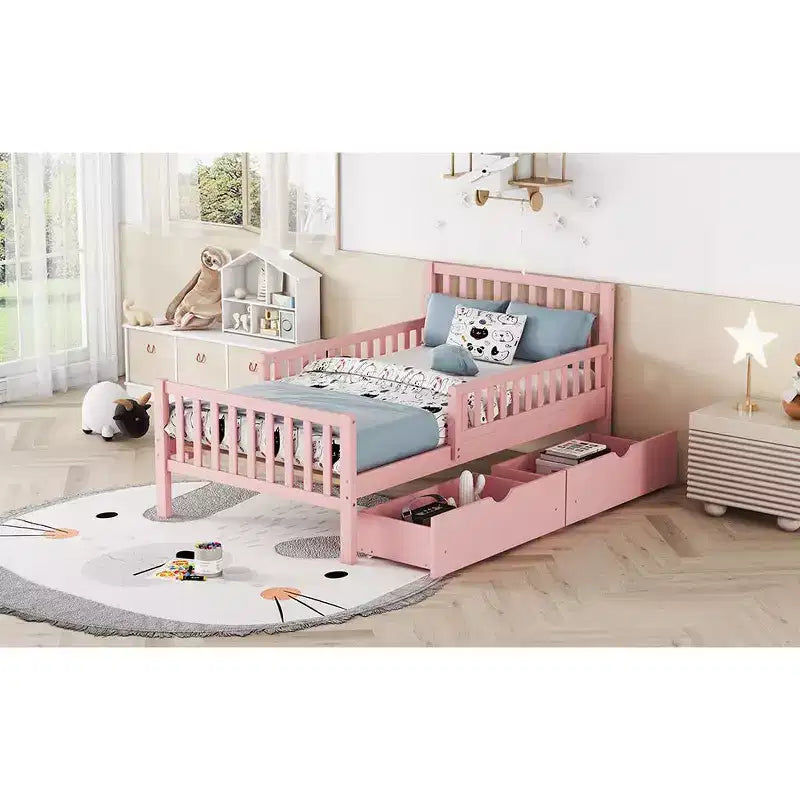 Lit jumeau en bois avec barrières de sécurité et 2 tiroirs de rangement – Rose