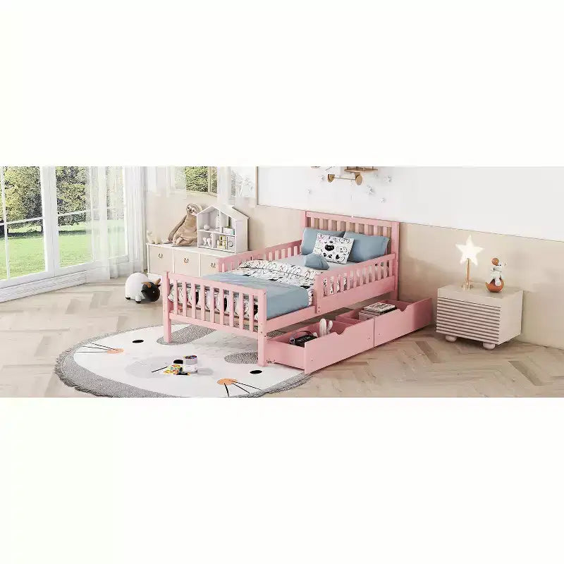 Lit jumeau en bois avec barrières de sécurité et 2 tiroirs de rangement – Rose