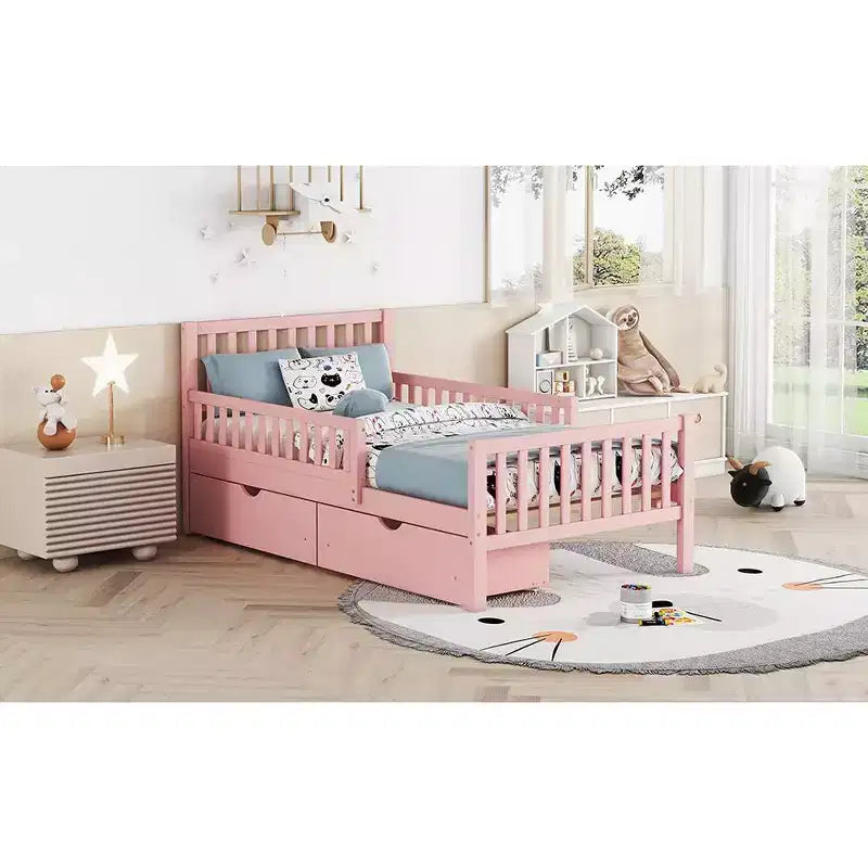 Lit jumeau en bois avec barrières de sécurité et 2 tiroirs de rangement – Rose