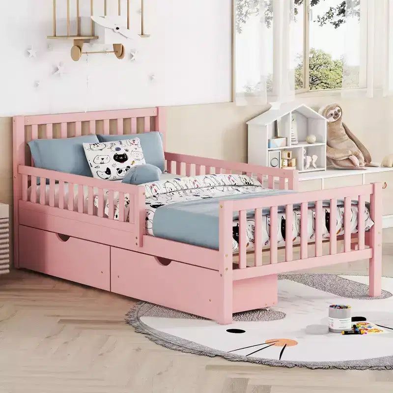 Lit jumeau en bois avec barrières de sécurité et 2 tiroirs de rangement – Rose