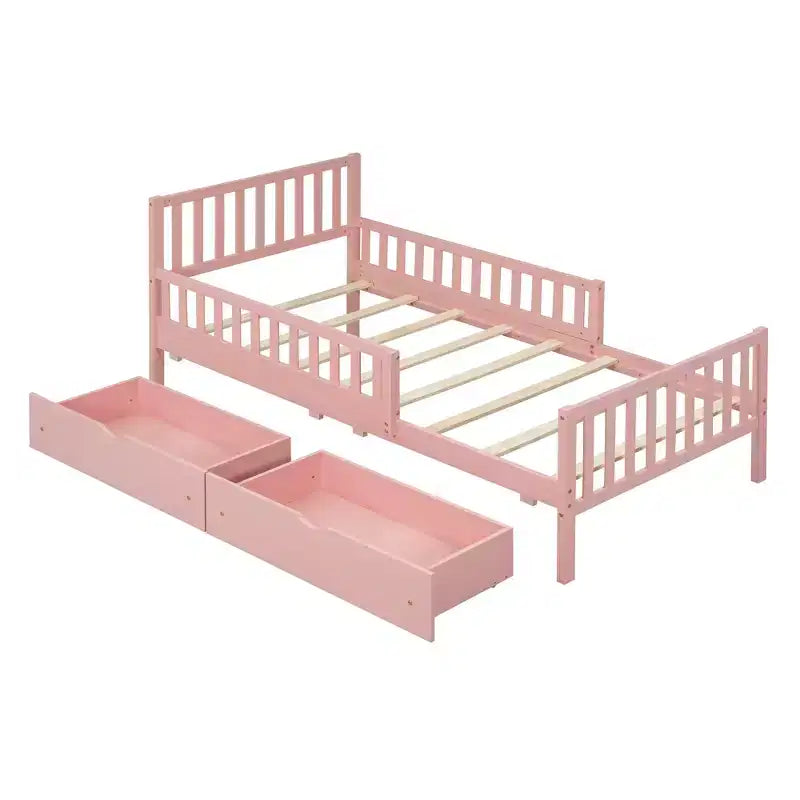 Lit jumeau en bois avec barrières de sécurité et 2 tiroirs de rangement – Rose