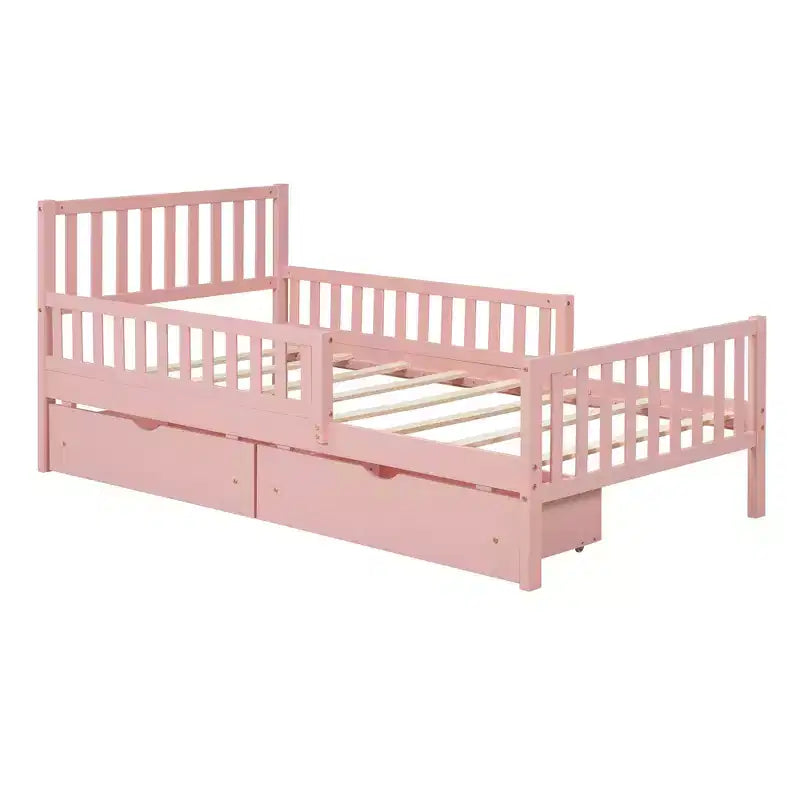 Lit jumeau en bois avec barrières de sécurité et 2 tiroirs de rangement – Rose