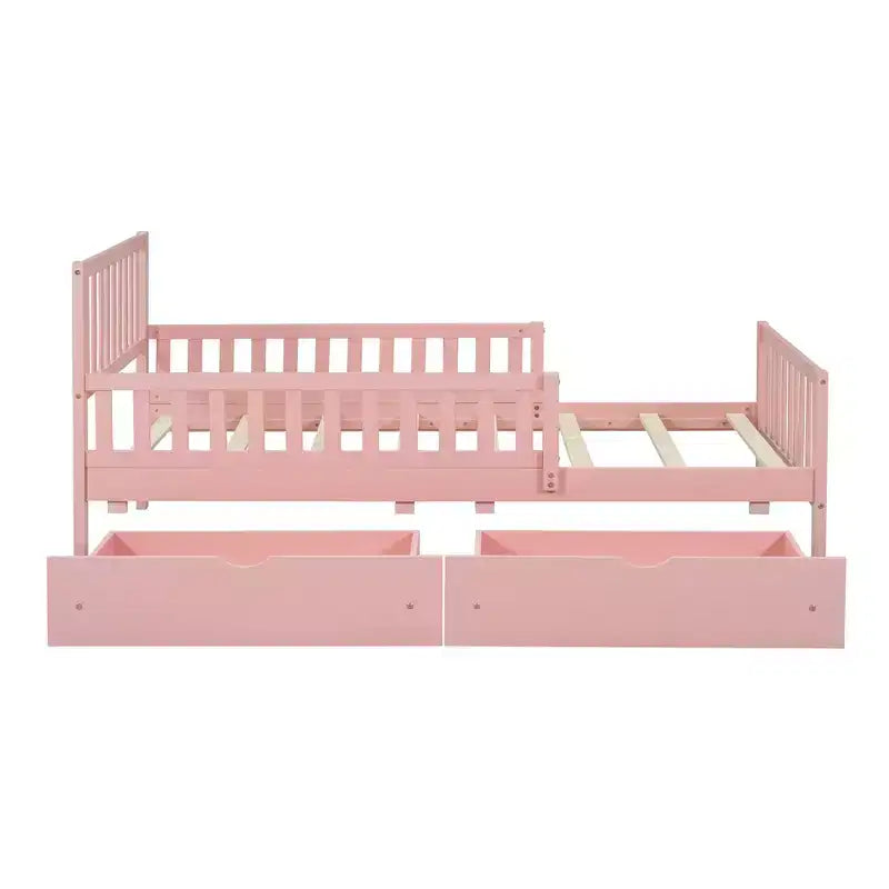 Lit jumeau en bois avec barrières de sécurité et 2 tiroirs de rangement – Rose