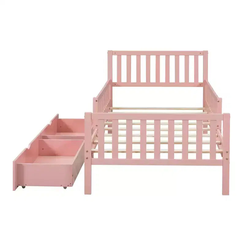 Lit jumeau en bois avec barrières de sécurité et 2 tiroirs de rangement – Rose