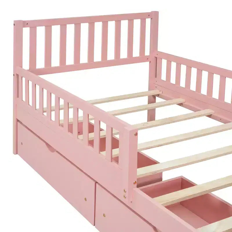 Lit jumeau en bois avec barrières de sécurité et 2 tiroirs de rangement – Rose