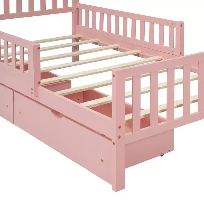 Lit jumeau en bois avec barrières de sécurité et 2 tiroirs de rangement – Rose